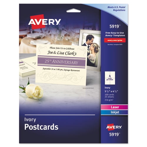 Printable Postcards, Inkjet/Laser, 74 lb, 4.25 x 5.5, Ivory, 100 Cards, 4 Cards/Sheet, 25 Sheets/Box Printable Postcards, Inkjet/Laser, 74 lb, 4.25 x 5.5, Ivory, 100 Cards, 4 Cards/Sheet, 25 Sheets/Box