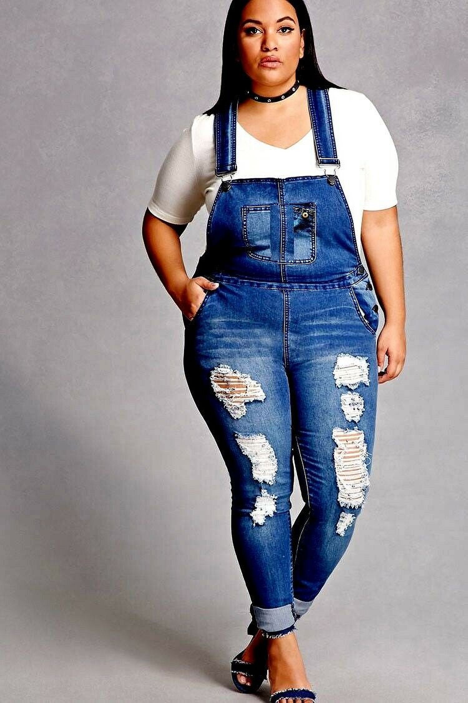 Women's Plus Size Long Overalls Jumpsuit Distressed Stretch Denim Jeans - image 3 of 4