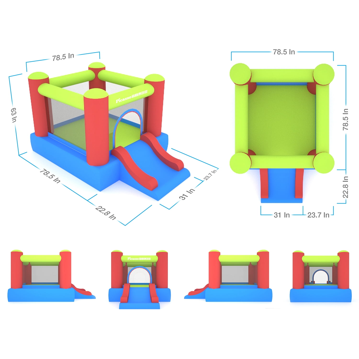 PICASSO-TILES Outdoor Inflatable Bouncer, Bouncing House, Jump & Slide Playhouse with 50 Pit Balls, 3 Sides Mesh Protection with Heavy Duty GFCI ETL Certified 385W Blower