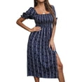 thumbnail image 3 of ZXSXSY Women Smocked Print Square Neck Puff Sleeve Side Split Hem Midi Dress, 3 of 7
