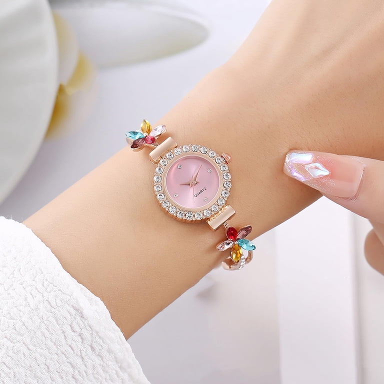 Womens Rose Gold Analog Quartz Light Simple Floral Bracelet Diamond Luxury Watch Luxury-Fashion-Rose-Gold-  main image 3