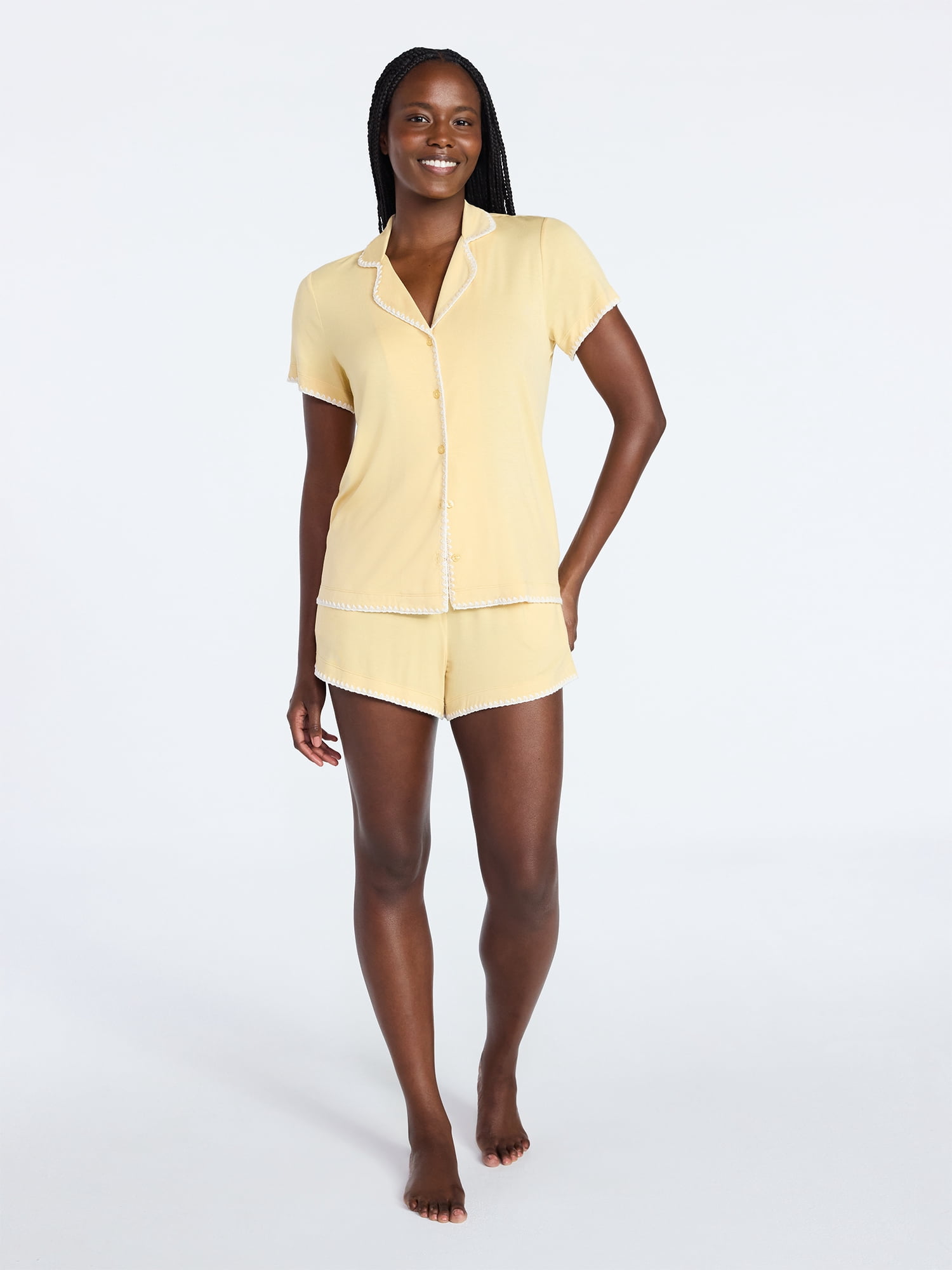 Joyspun Women’s Notch Top and Boxer Shorts Pajama Set with Blanket Stitching, 2-Piece, Sizes XS-3X