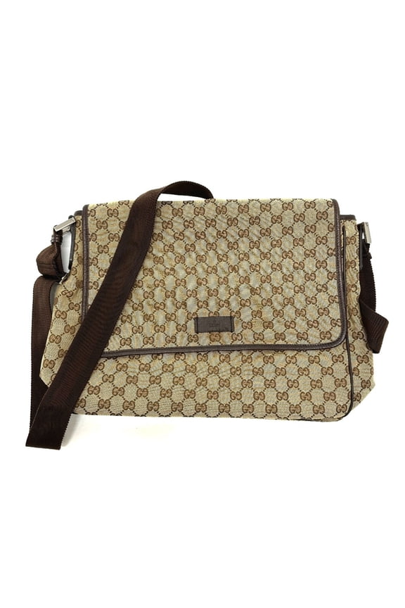 Pre-Owned GUCCI 233052 Logo Leather Plate Crossbody Messenger Bag Handbag Shoulder GG Canvas...