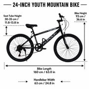 FUPOJH 24 Mountain Bikes for Boy,Girl,7 Speed, V Brakes, off Road Tires,Black