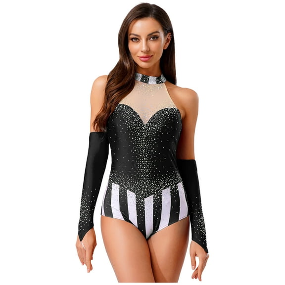 YiZYiF Womens Rhinestone Striped Circus Gymnastics Leotard with Gloves Halloween Ringmaster Costume Black XXL