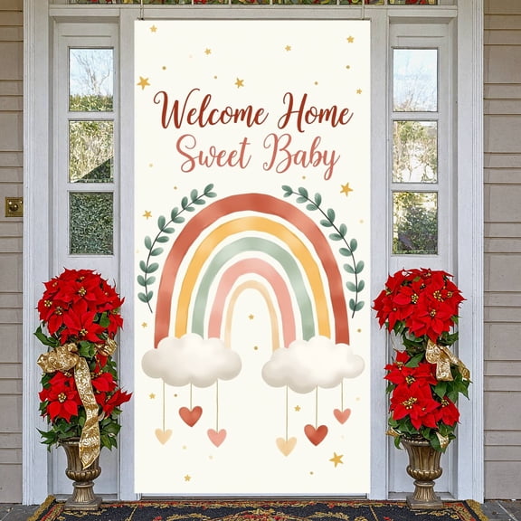 Pastel Color Welcome Home Baby Banner Watercolor Art Baby Celebration Backdrop Boho Rainbow Design Newborn Welcome Display for Baby Shower Newborn Homecoming Indoor Celebration