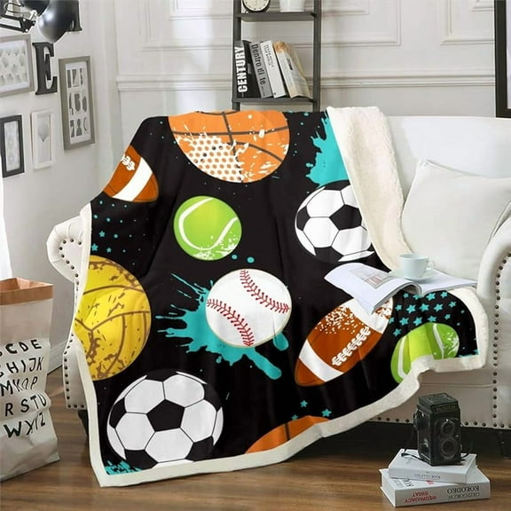 Sports Plush Sherpa Throw Blanket Basketball Football Baseball Tennis Fuzzy Blanket and Throws Ball Pattern Fleece Blanket for Kids Boys Teens