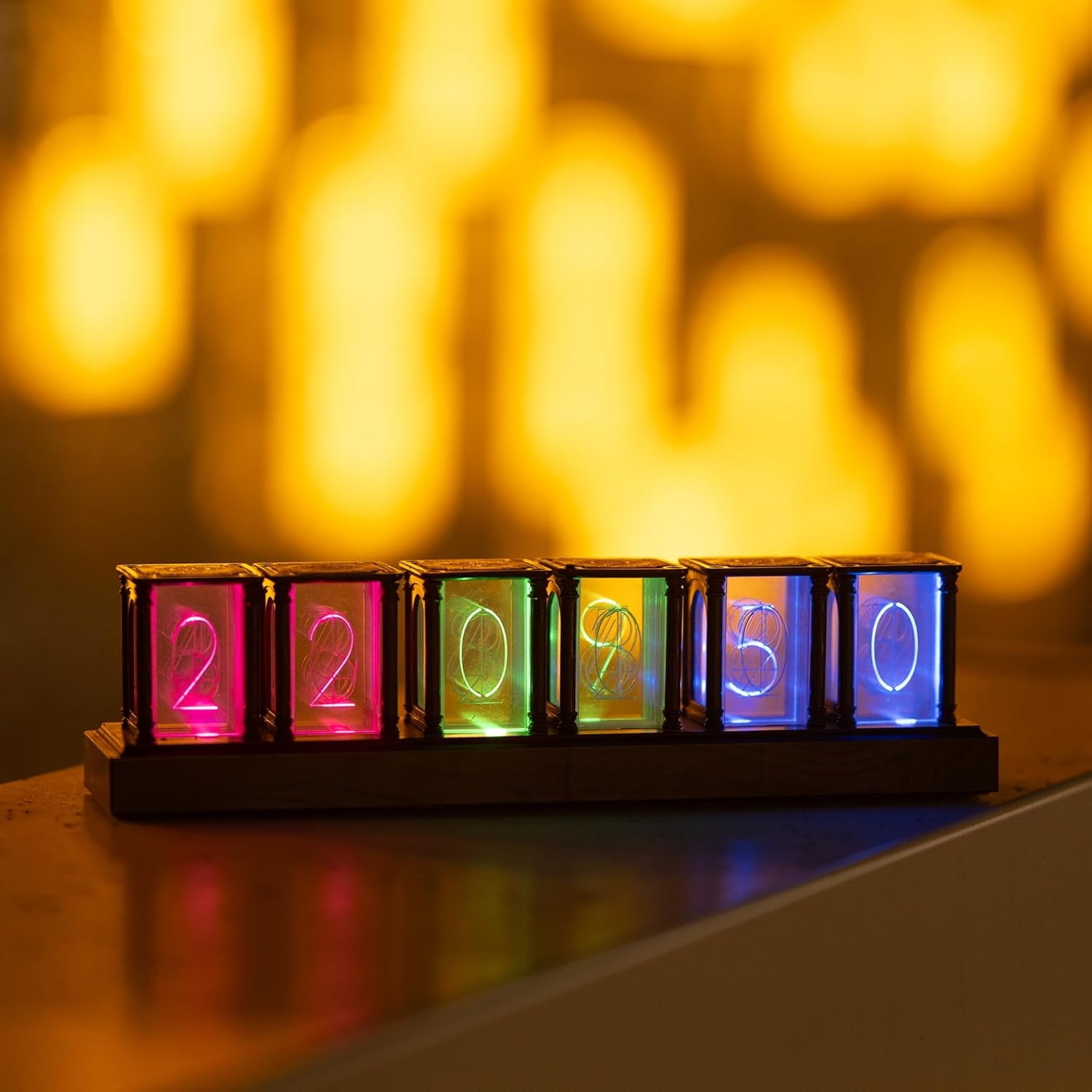 HOARBOEG Nixie Tube Clock, 6 Digit LED Digital Clock Vintage Style with Retro Display for Home Decor, Modern Desk Alarm Clock with Warm Glow for Office, Bedroom, or Living Room
