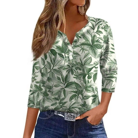 WTOBBY Women's Casual V-Neck Button Down Tee with 3/4 Sleeve, Daily Weekend Fashion Basic Tunic Top, Floral Print Henley Collar Comfort Fit Shirt,Army Green L