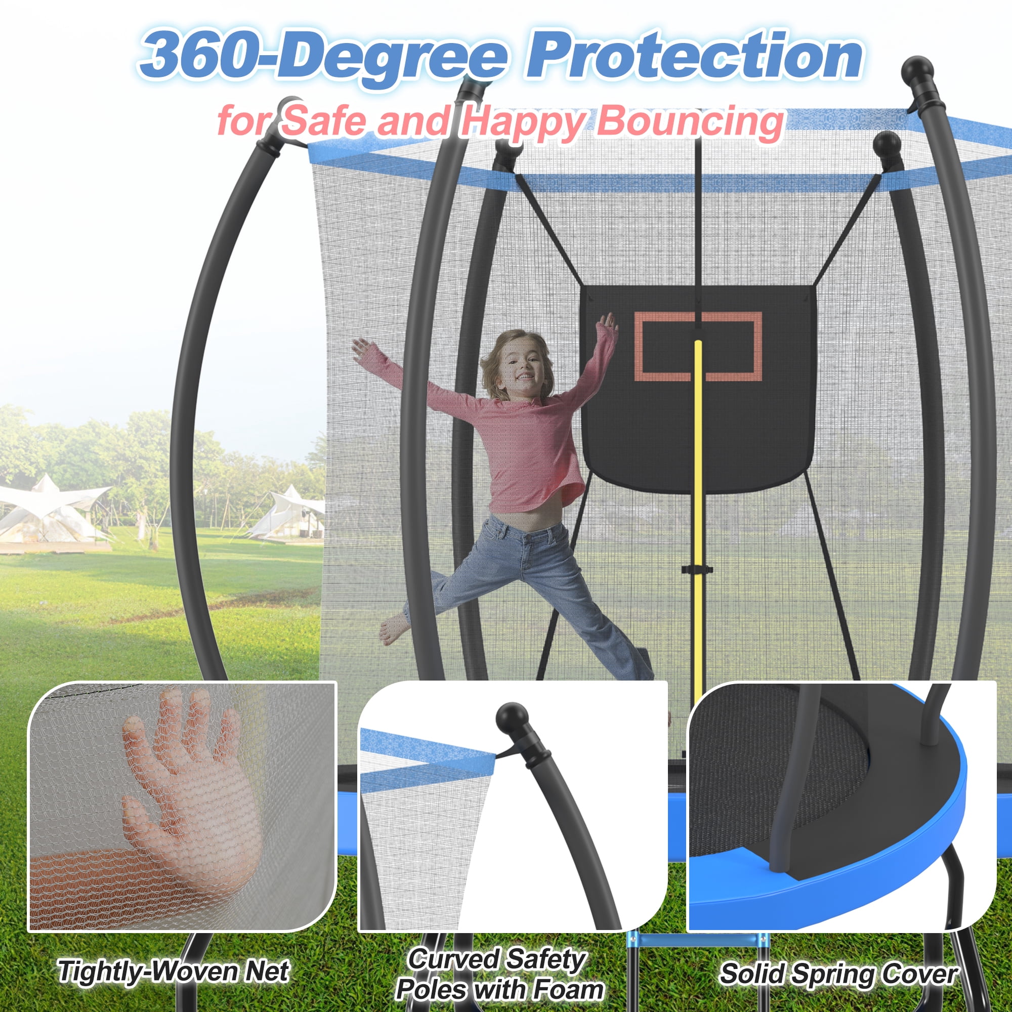EUROCO 8FT Trampoline with Basketball Hoop & Ladder, Outdoor Trampoline for Kids