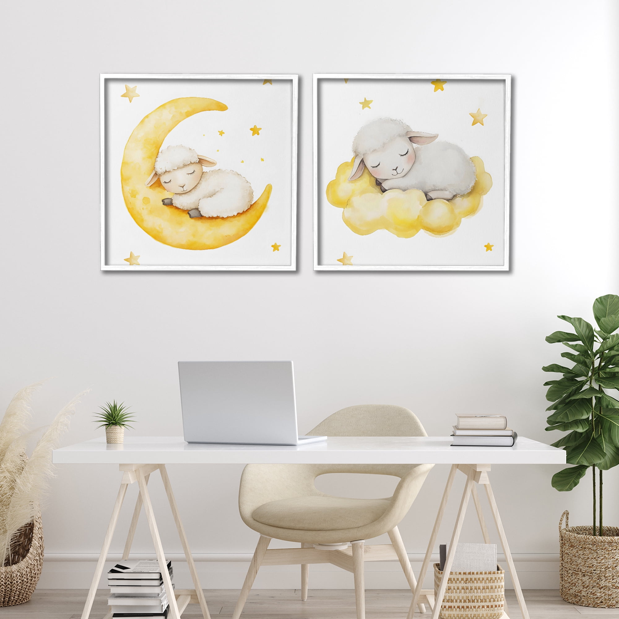 Stupell Industries Sleeping Sheep Cloud and Moon 2 Piece White Framed Giclee Art Set, design by LSR Design Studio