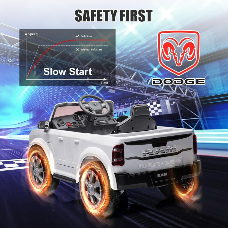 Dodge RAM Ride on Car 12V Powered Ride on Toy with Remote Control Rear Wheel Suspension 5 Point Safety Belt MP3 Player Bluetooth LED Lights