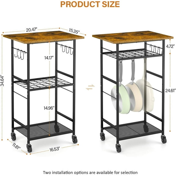 Rolling Kitchen Microwave Cart 3 Tier Storage Rack with Adjustable Shelf and Lockable Wheels for Coffee Station Office Balcony