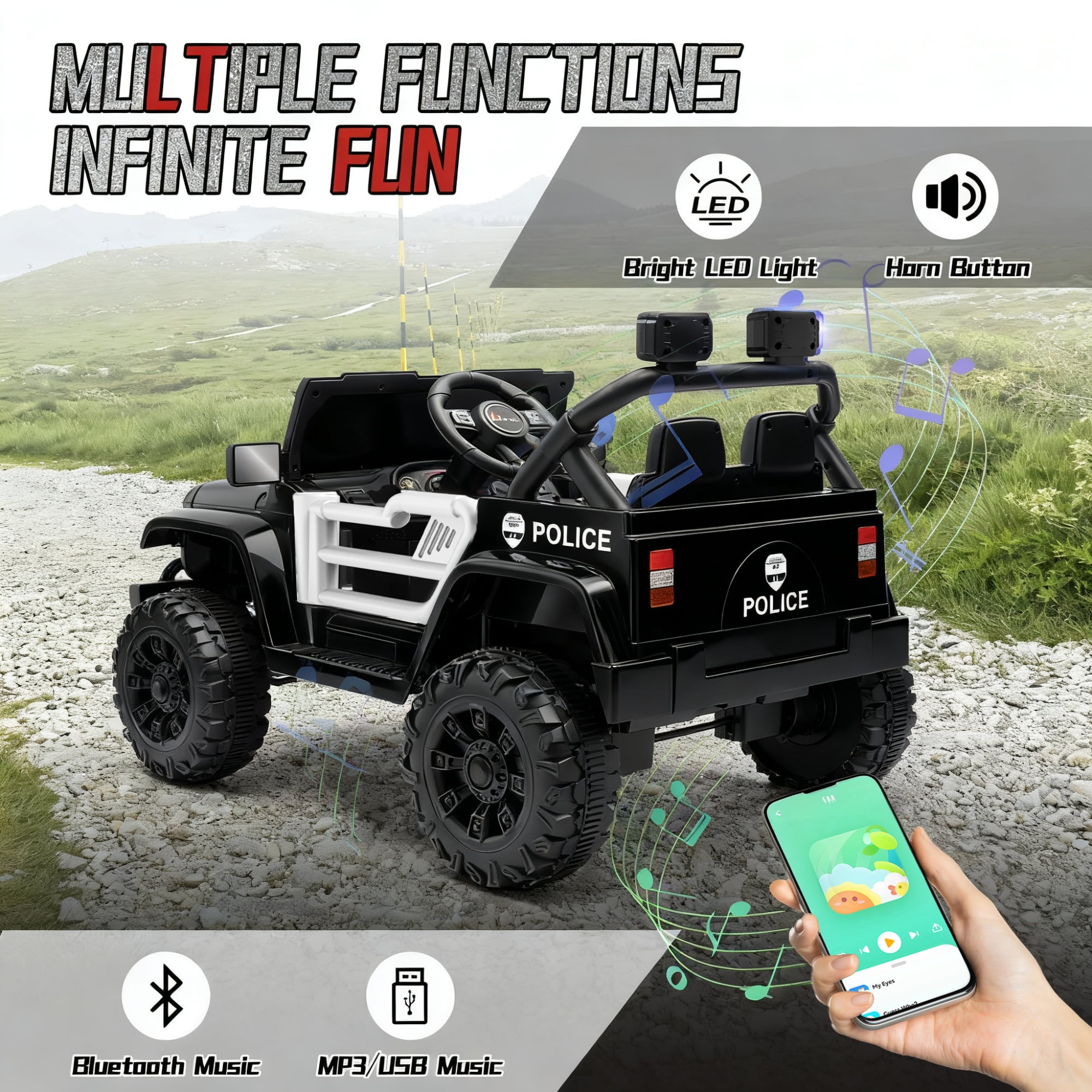 Xuanlur 12V Kids Ride on Car with Remote Control, Ride on Toys w/ Dual Drive, Four-Wheel Suspension, Bluetooth Music, LED Lights, USB, Shock Absorption, Toys Car for Kids Aged, Black Police Car