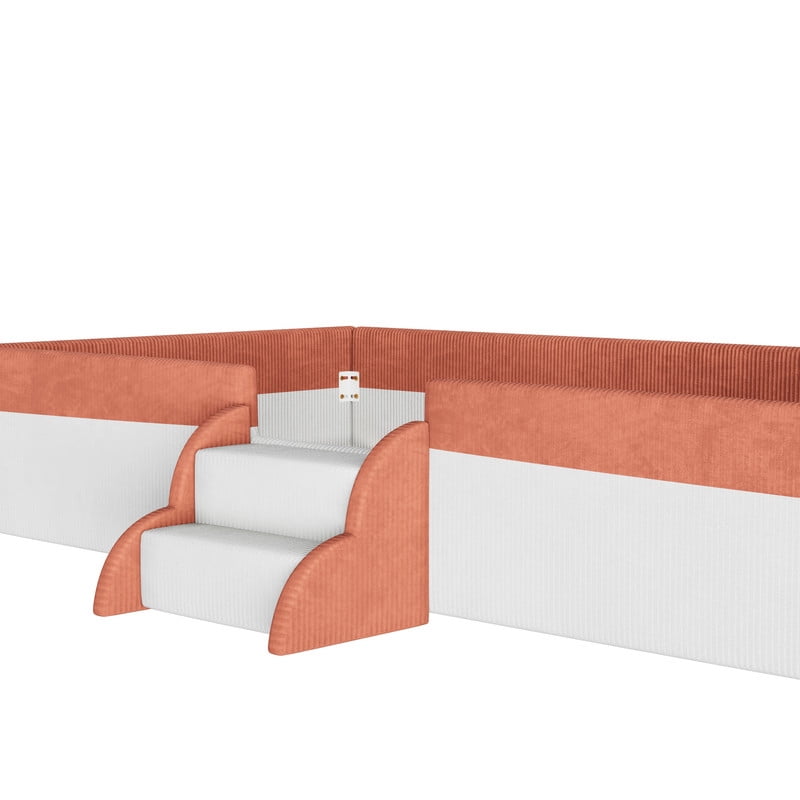 Twin Size Corduroy Upholstered Floor Bed Frame with Fence, Kids Low-Profile Platform Bed with 2-Tier Steps & Smart LED Lights