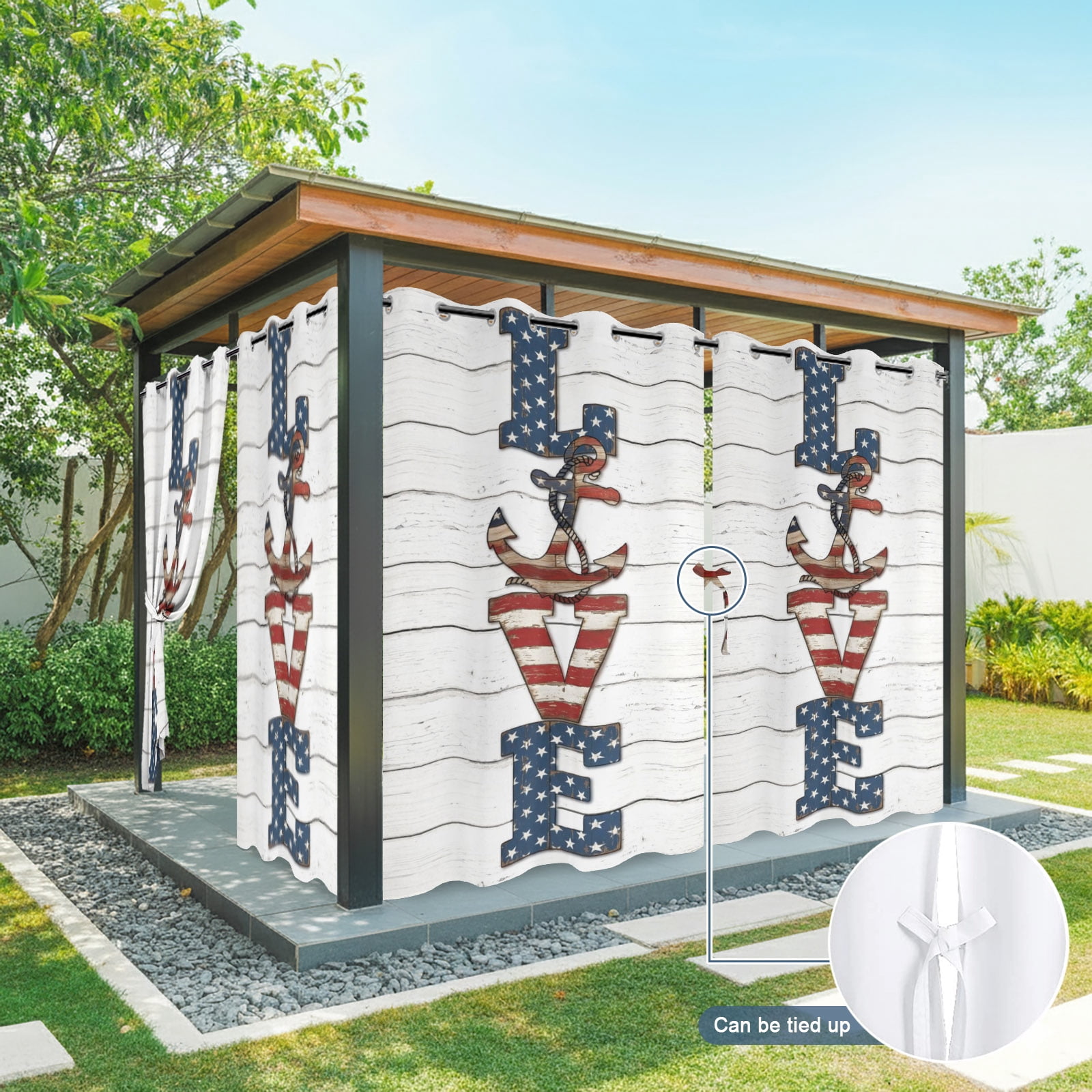 Rustic Love Outdoor Curtains for Patio, Windmill Stars Stripes Wood Grain USA Flag Sunshade Privacy Drapes Grommet Waterproof Outside Curtains for Porch/Cabana/Balcony 54"x 108", 1 Panel