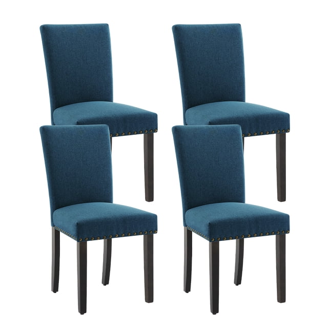 Elegancia con ribete de tachuelas – Juego de 2 sillas de comedor Parsons tapizadas, cojín acolchado y patas de madera,Color: azul oscuro. Especificaciones: set 2 piezas, arpillera.