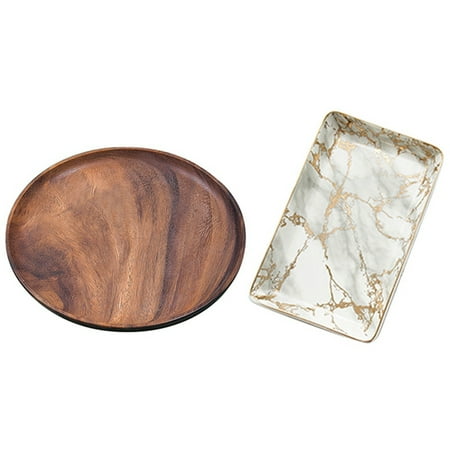 

Round Solid Wood Board Whole Wood Fruit Plate Wooden & Gold Marbled Ceramic Dessert Steak Salad Cake Tray