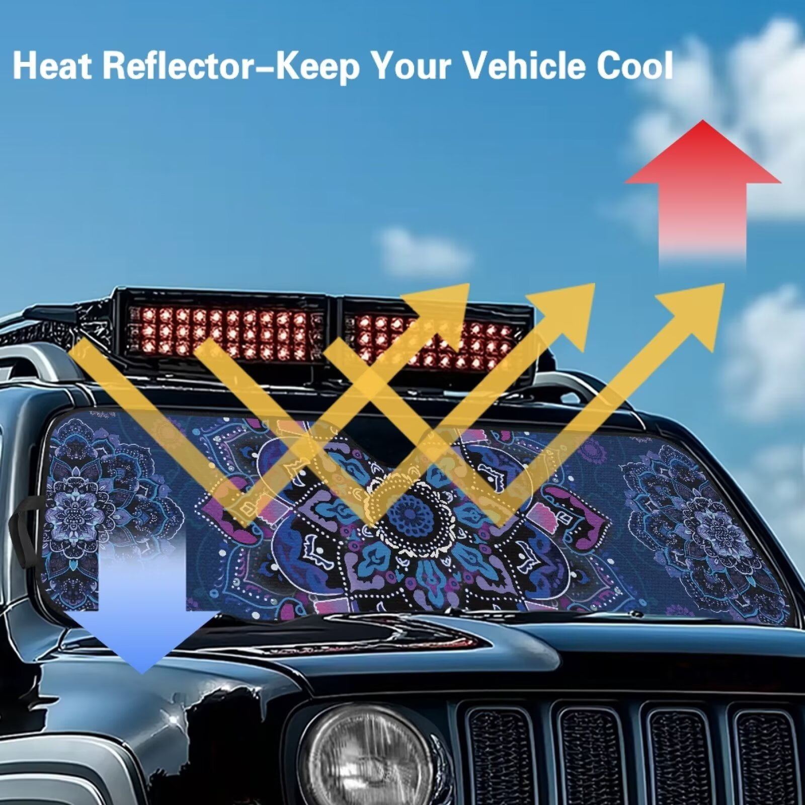 Uorisanigo Windshield Sun Shade, Car Sunshade for 2018-2023 Jeep Wrangler JL JLU Gladiator JT-Blocks UV Rays Blue Mandala Flowers Sun Visor Shield,Front Window Sunshade Keeps Vehicle Cool