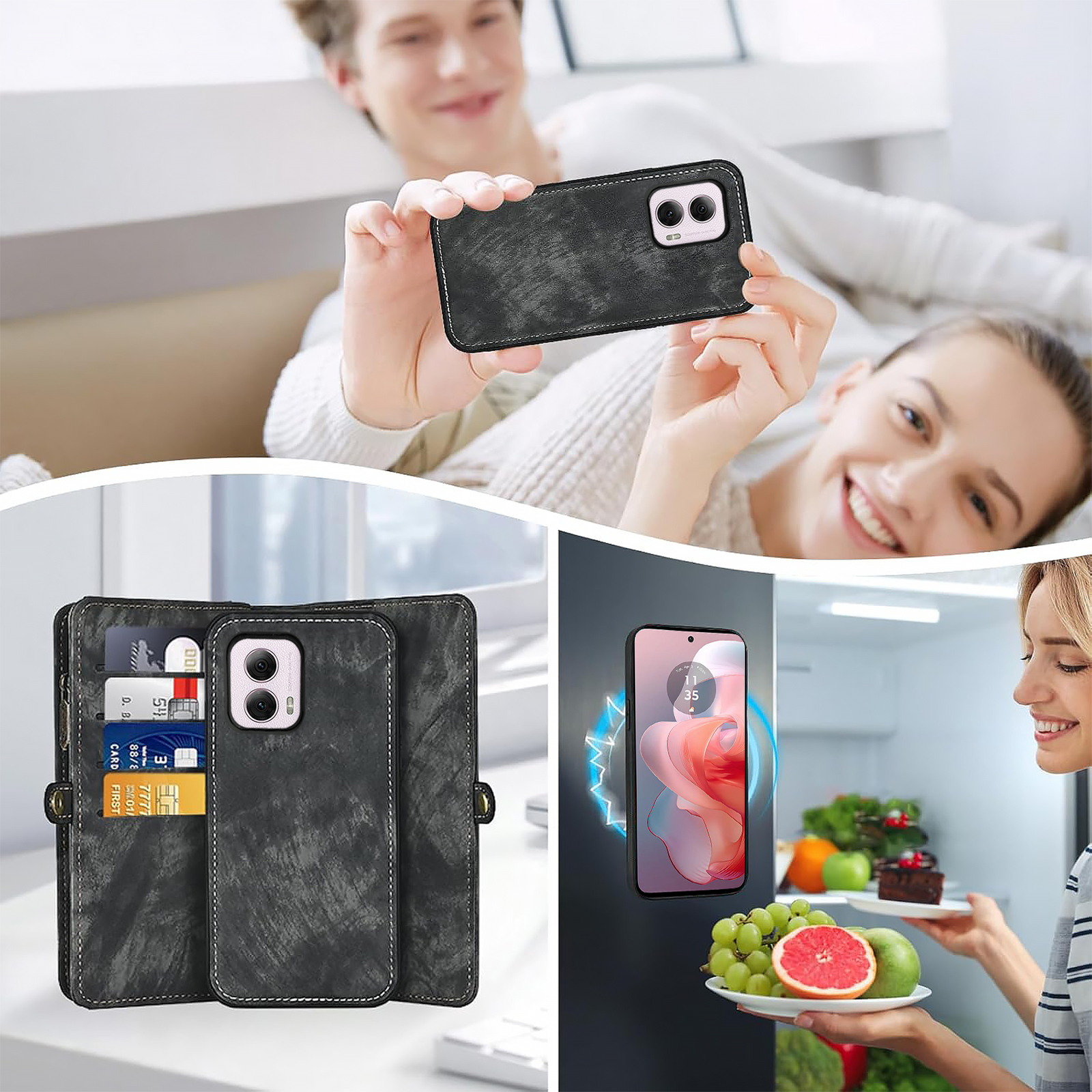 Asuwish Compatible with Motorola Moto G Power 5G 2024 Phone Case Zipper Wallet Detachable Tempered Glass Screen Protector Crossbody Lanyard Strap Flip Card Holder Cell Cover for G5 Women Girls Black