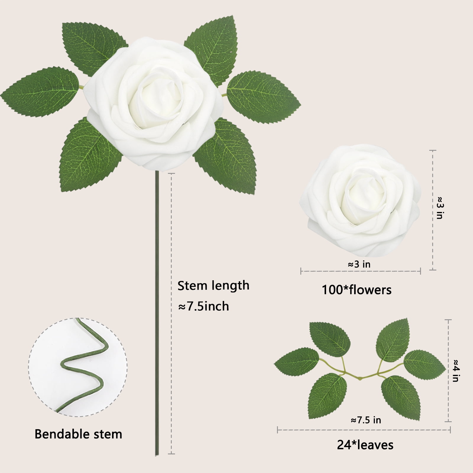 Artificial Flowers White Roses 100PCS Real Looking Foam Fake Roses with Leaves and for DIY Wedding Bouquets Bridal Shower Centerpieces Party Decorations
