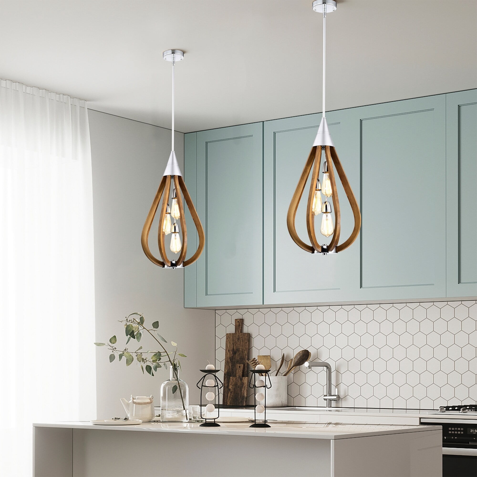 Flann 14 in. 3-Light Indoor Silver and Faux Wood Grain Finish Pendant with Light Kit