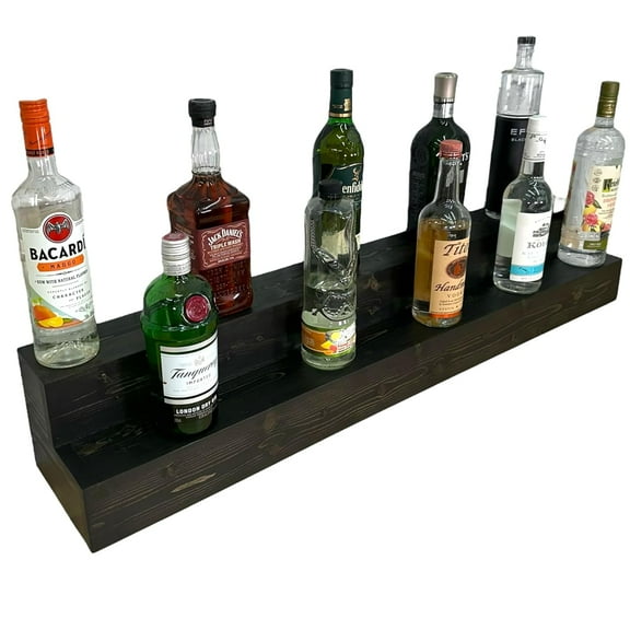 2 Tiered Countertop Liquor Bottle Display Shelf — Holds Up To 26 Bottles Bar Organizers for Wine & Whiskey — Free Standing Bottle Stand for Home, Bar Decor — Wooden Kitchen Counter Shelf, Black