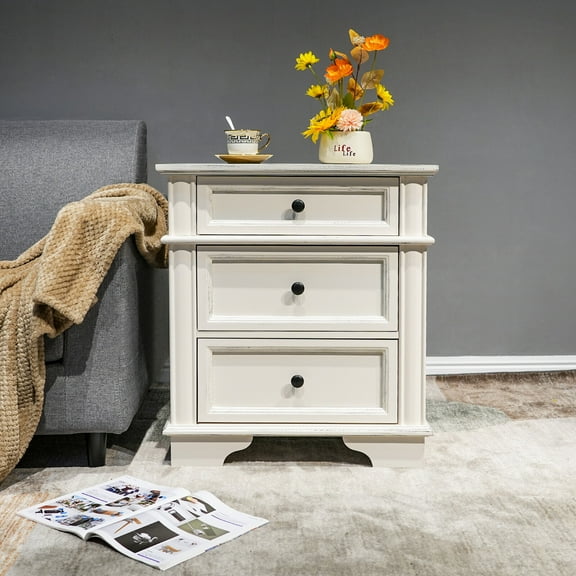 AetherLove Nightstand with Charging Station, 24" W With 3 Textured Drawers, Large Bedroom & Side Table, Vintage White,24 x 16.14 x 26.38"