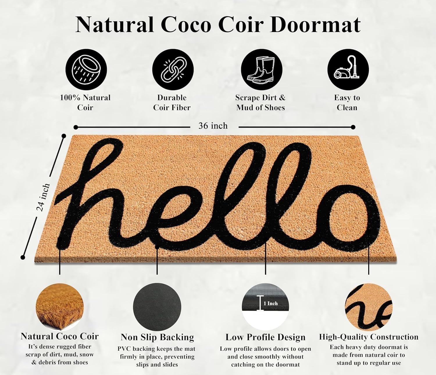 A1HC Natural Coir Door Mat for Front Door, Anti-Shed Treated Durable Doormat for Outdoor Entrance, Heavy Duty, Low Profile Door Mat, Easy to Clean, Long Lasting Doormat