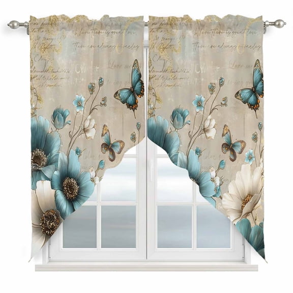 Teal Tulip Butterfly Swag Curtains for Kitchen/Bedroom/Living Room, Beige Turquoise Floral Vintage Rustic Scalloped Curtains 63 Inch Long, Window Swag Topper Curtains Valances 2 Panels Set 36"x63"