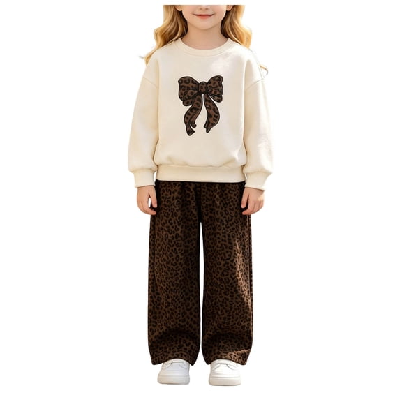Vdoaml Girls Crew Neck Sweatshirt with Leopard Bow Print Wide Leg Pants 2 Piece Outfit Kids Fall Casual Clothing Set 6-7 Years Beige