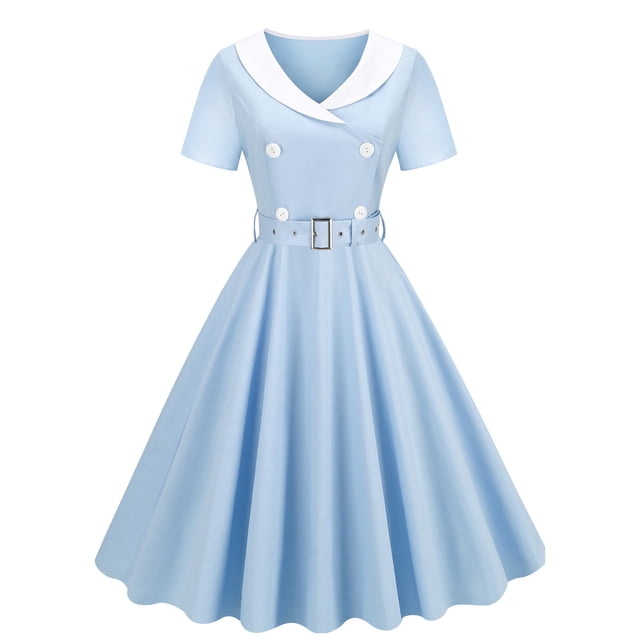 Robe Vintage à Manches Courtes pour Femmes Style Audrey Hepburn Années 1950 Rétro Rockabilly Ceinturée Cocktail Swing Tea Party