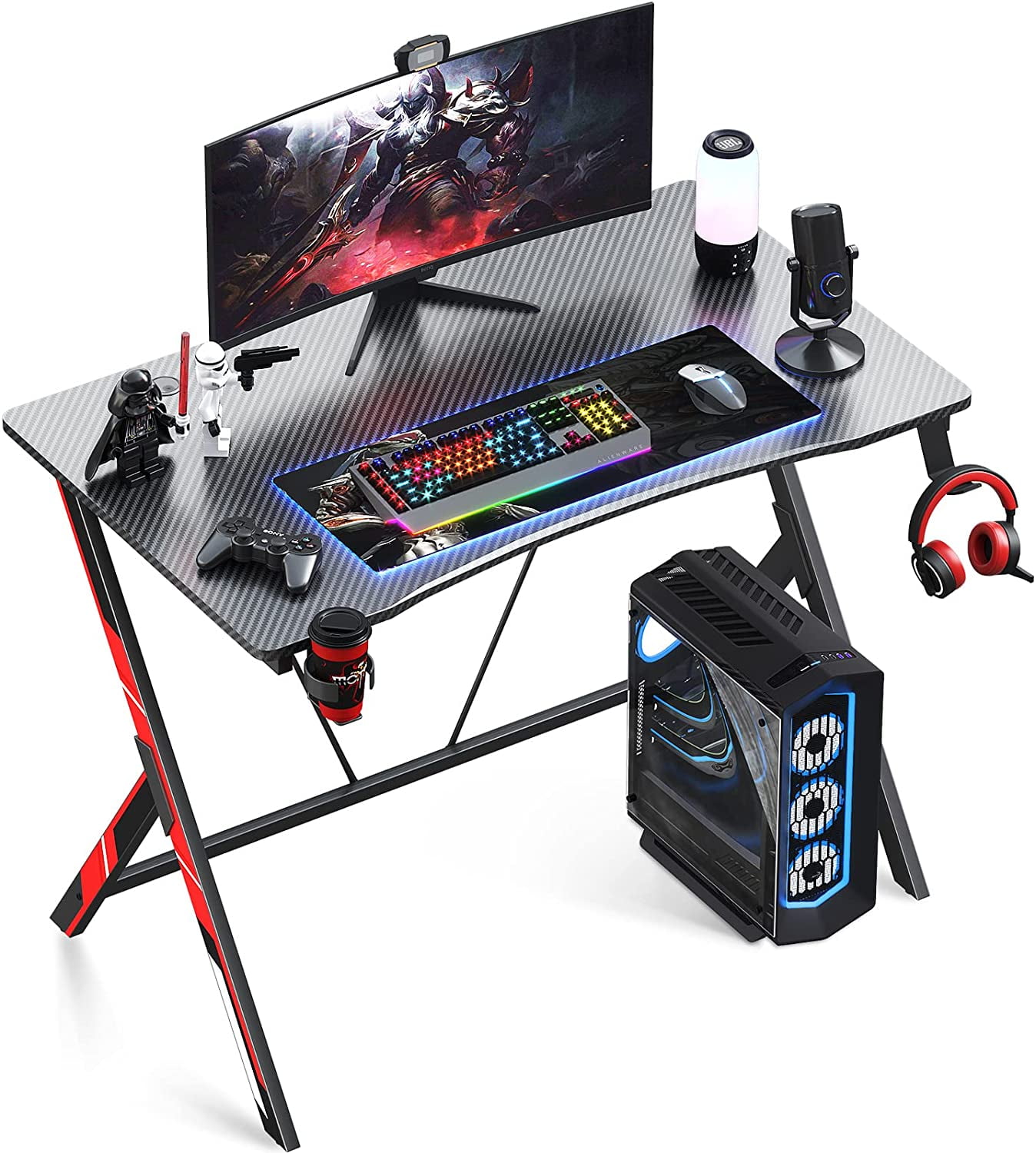 Gaming Workstation Home Office Desk with Monitor Stand Cup Holder and Headphone Hook MOTPK 39 inch Ergonomic Gaming Desk Z-Shaped Sturdy Computer Table 