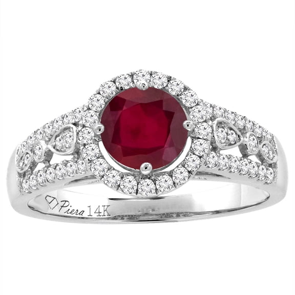 14K White Gold Diamond Enhanced Genuine Ruby Engagement Halo Ring Round 7 mm, size 7