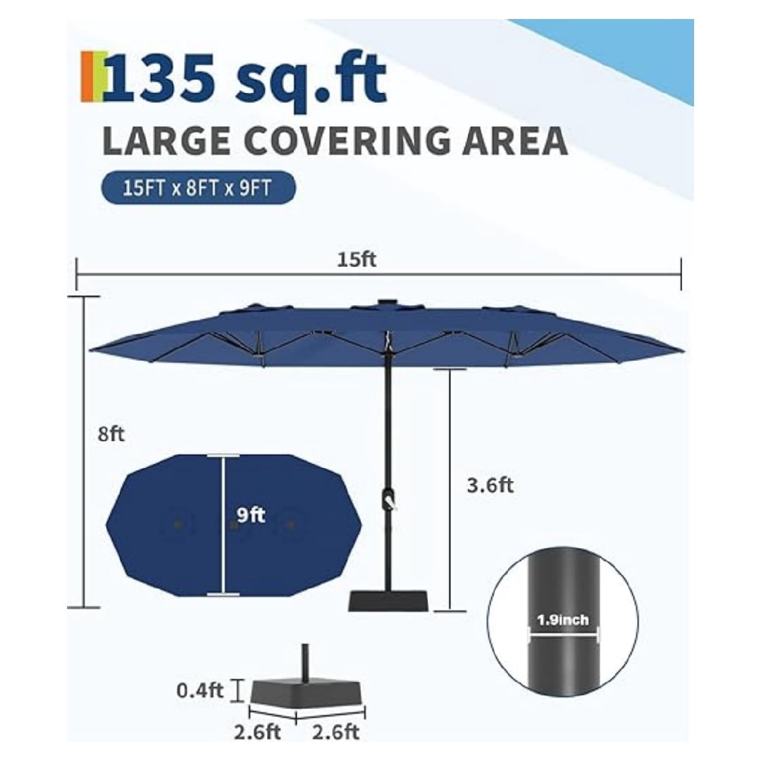 Heavy Duty 15FT Patio Umbrella with Weighted Base - Double-Sided Sun Shade for Outdoor Dining, Poolside, Backyard (Crank Handle, UV Blocking Fits 2-8 People)