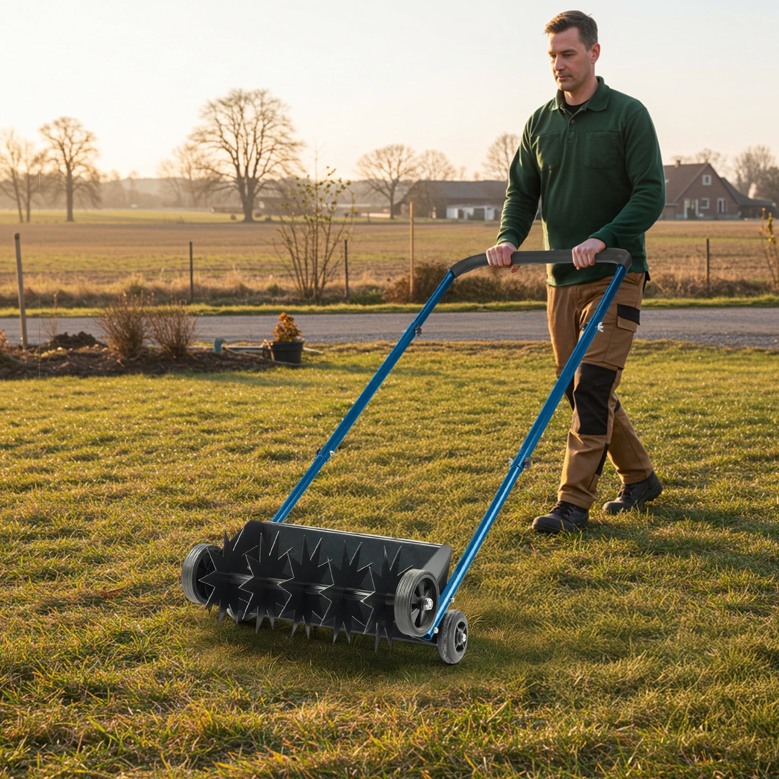 Ktaxon 19" Heavy Duty Star Spike Aerator with Weight Tray & U-Handle for Lawn & Garden, Black & Blue