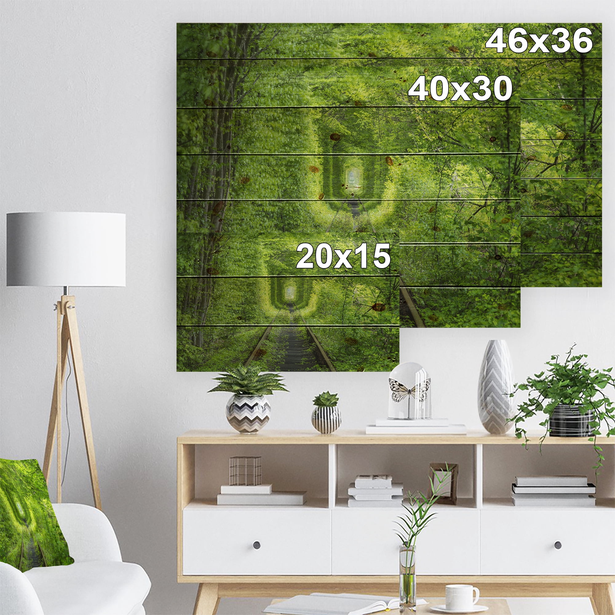 Designart 'Lush Green Forest around Rail Way Tunnel ' Landscape Print on Natural Pine Wood