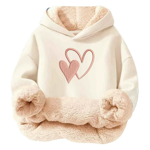Bobifish Toddler Girls Sherpa Lined Hoodie Long Sleeve Pullover Hoodie Warm Embroidered Heart Graphic Fall Winter Cozy Sweatshirt
