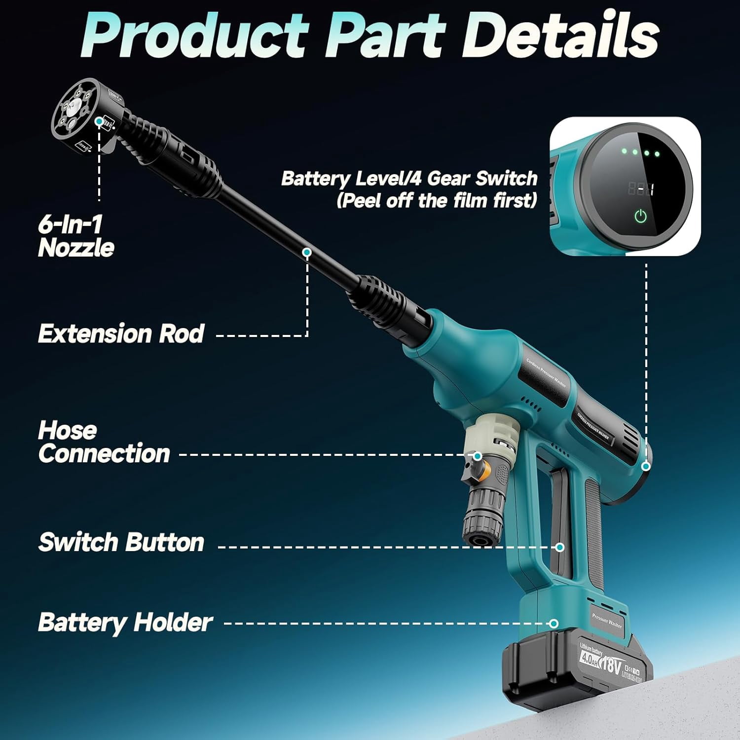 Cordless Pressure Washer, Portable Power Washer with 4.0Ah 21V Battery & Charger, 700PSI Handheld Pressure Washer with 5M Hose, 4-Speed Setting, 6-in-1 Nozzle, Powered Cleaner for Car Floor