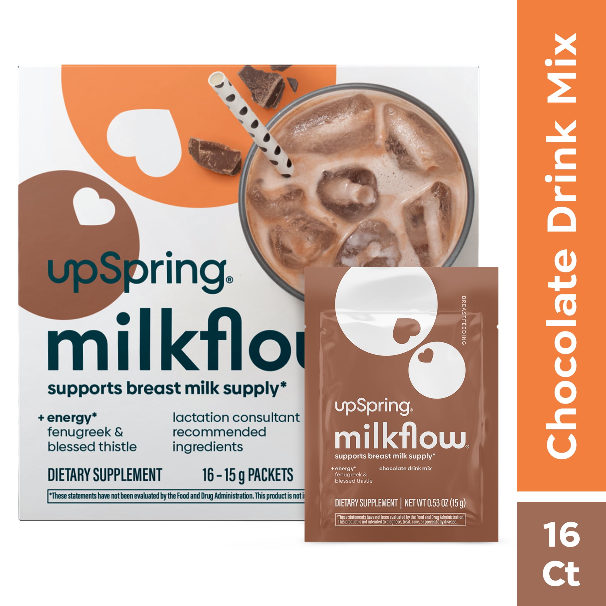 (2 pack) UpSpring Milkflow Fenugreek & Blessed Thistle Breastfeeding Drink Mix, Chocolate, 16 Count