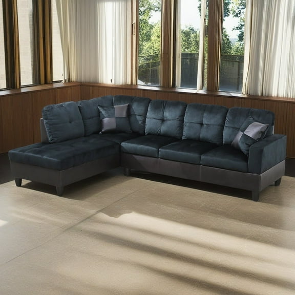 Hommoo Modern L Shaped Sectional Couch, 4 Seats Lint and PVC Sectional Sofa Couch Set, Living Room Furniture Set, Dark Blue and Brown