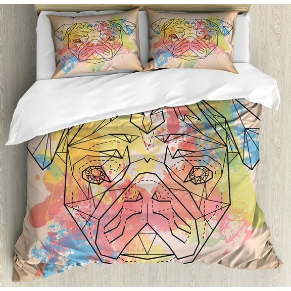 Pug King Size Duvet Cover Set, Vibrant Colored Background with Color Splashes and Line Art Design Face of a Pug Print, Decorative 3 Piece Bedding Set with 2 Pillow Shams, Multicolor, by Ambesonne