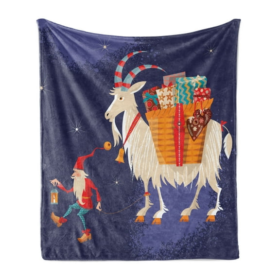 Scandinavian Soft Flannel Fleece Throw Blanket, Christmas with Present Carrying Goat Traditional Character, Cozy Plush for Indoor and Outdoor Use, 50" x 60", Multicolor, by Ambesonne