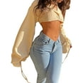 thumbnail image 4 of SAYOO Women Trendy Crop Tops, Solid Color Notched Lapel Drawstrings Long Sleeve Blouse for Ladies, Apricot, S/M/L, 4 of 9
