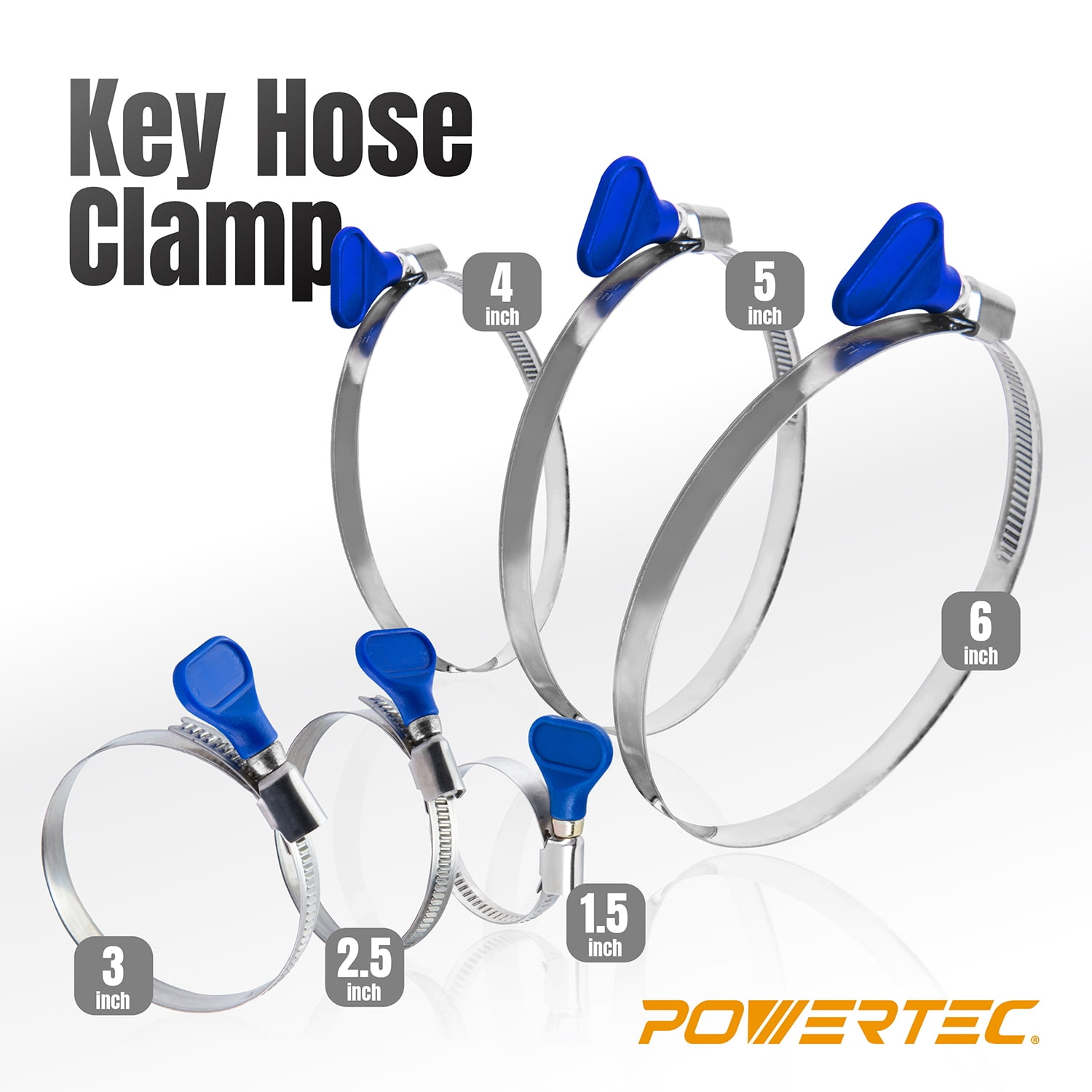 POWERTEC 10PK 6 Inch Key Hose Clamp, Thumb Screw Key Adjustable Stainless Steel Hose Clamps for Dust Collection, Dust Collector and Dryer Vent Hose, Pipe Clamp, RV Clamp, Worm Gear Clamp, 70250-P2