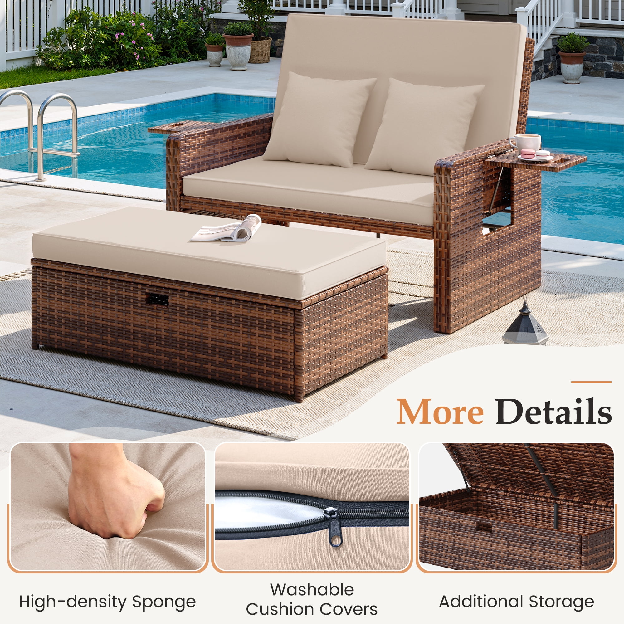 POTEBAN Wicker Outdoor Daybed-Outdoor Loveseat with Storage Ottoman, 4-Level Adjustable Backrest & Cushions for Balcony, Garden, Poolside (Beige)