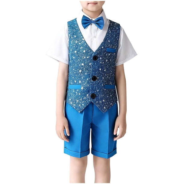 Odeerbi Chicos Niñas 4 Pcs Caballero Traje Formal Camisa de Vestido de Manga Corta + Chaleco de Lentejuelas + Traje Pantalones Cortos + Pañuelo