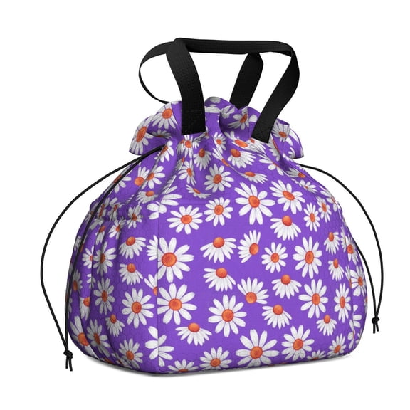 Daisy Pioneer Flower Purple Pattern Drawstring Insulated Lunch Bag for Women, Stain-Resistant Large Lunch Tote with Multi-Pockets for Work Office