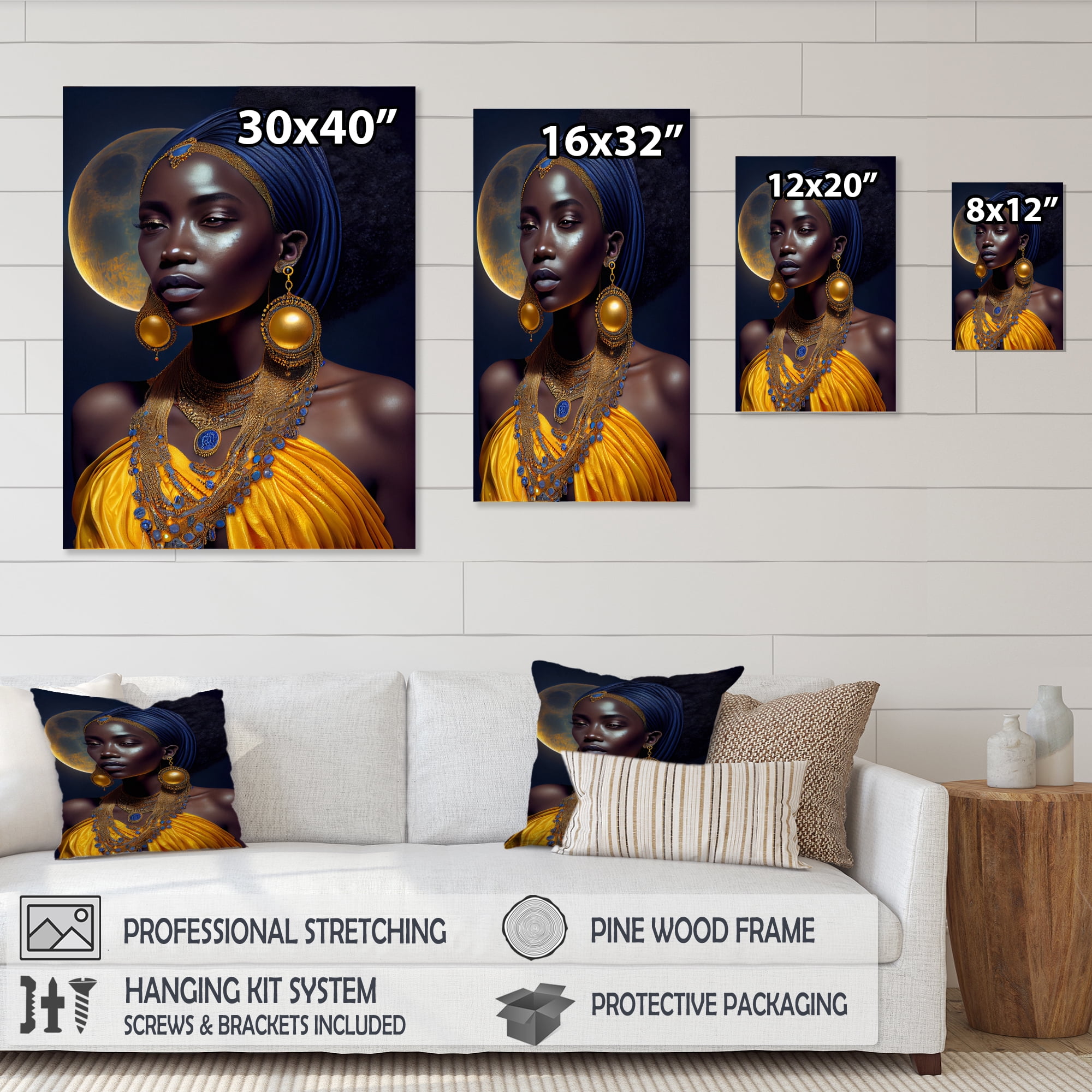 Designart Blue Queen African Woman Under Moon I Canvas Wall Art