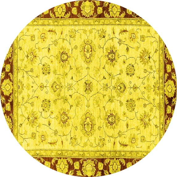 Ahgly Company Machine Washable Indoor Round Oriental Yellow Traditional Area Rugs, 6' Round